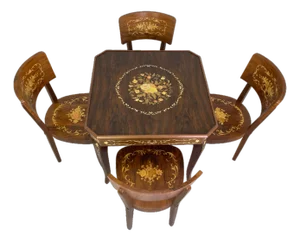 Italian Octagonal Multi-Game Table With 4 Chairs, Inlaid Wood, Chess, Backgammon & Roulette, 1980s