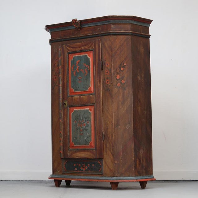 Rustic Rustic Farmhouse Painted Folk Art Bridal Cabinet dated 1818 For Sale - Image 3 of 15