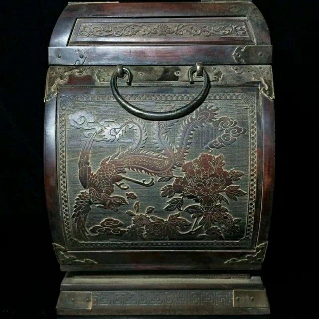 Wood Antique Chinese Redwood Jewelry Box With Intricate Silver/White Metal Mounts For Sale - Image 7 of 8