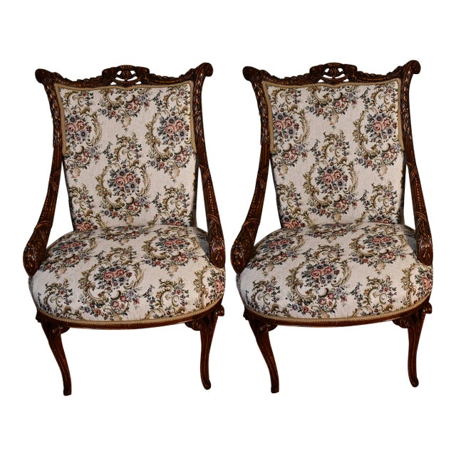 1930s Pair of French Mahogany Spring-Seat Living Room Side Fireplace Chairs For Sale