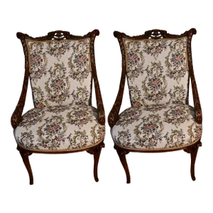 1930s Pair of French Mahogany Spring-Seat Living Room Side Fireplace Chairs