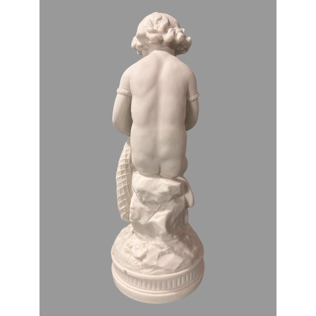 Antique Victorian 13.25" Art Nouveau Figural Parian Statue of a Cherub With Net For Sale - Image 4 of 7