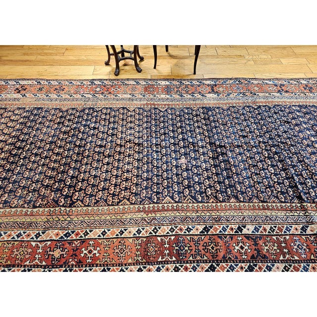 19th Century Persian Kurdish Gallery Rug, Hand-Knotted Wool, Allover Paisley Pattern, Navy & Terracotta, 6' X 15' For Sale - Image 9 of 18