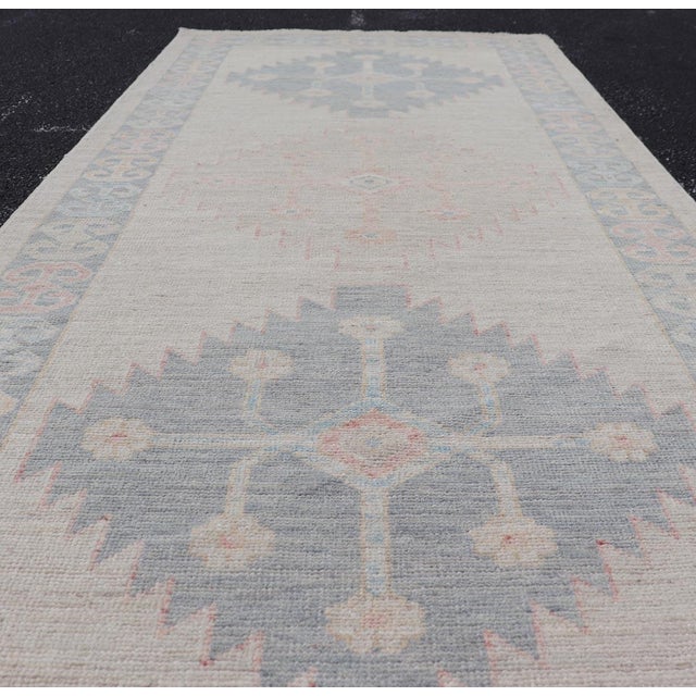 Textile Modern Oushak Runner by Keivan Woven Arts in Soft Blue and Pale Peach 3'1 X 7'1 For Sale - Image 7 of 12