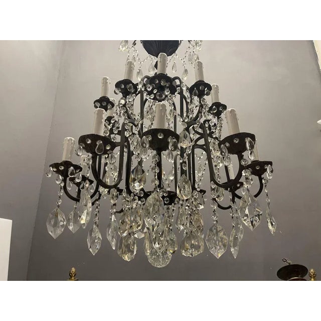 Black Large Wrought Iron Crystal Chandelier, 1920s For Sale - Image 8 of 13