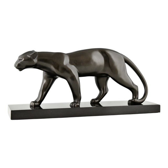 Emile Louis Bracquemond, Sculpture of Walking Panther, 1930, Bronze and Marble For Sale