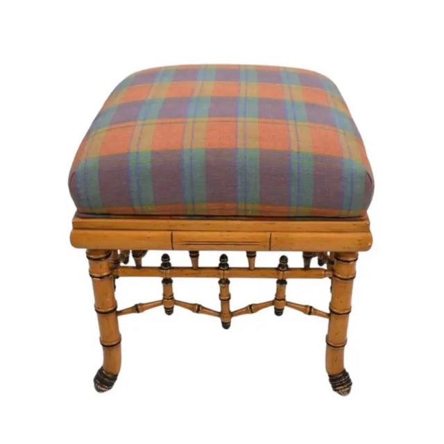 Tan William Switzer Faux Bamboo Ottoman - BenchWith Plaid Upholstery For Sale - Image 8 of 15