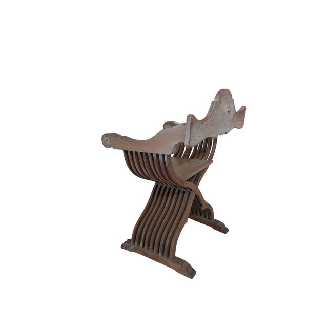 Mid 20th Century Mid 20th Century Carved Wood Savonarola Chair With Asian Crest on Backrest For Sale - Image 5 of 12