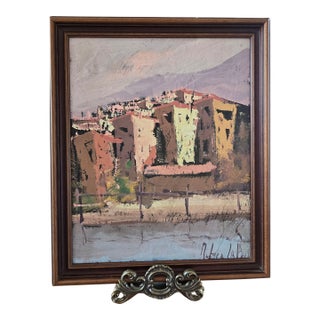 Vintage Original Impressionist Oil Painting Framed Signed Palette Knife Mediterranean Village Landscape For Sale
