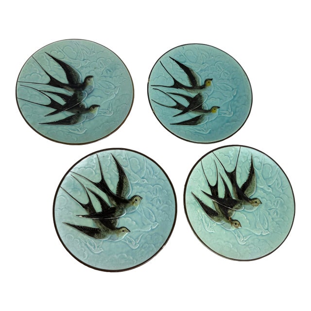 Set of 4 Antique Majolica Swallow Plates For Sale