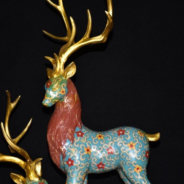 Metal Pair of Vintage Cloisonne Enamel Deer Figures – Gilt Spotted Deer Sculptures For Sale - Image 7 of 9