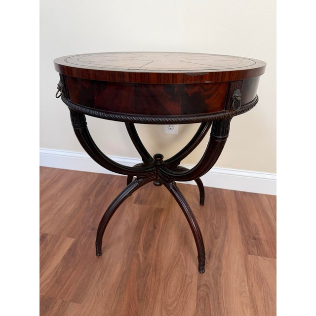 Mid-Century Regency Mahogany Drum Table With Lion Head Pulls For Sale - Image 9 of 16
