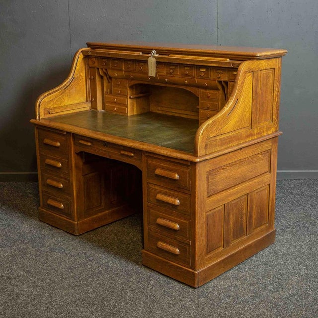 Wood Edwardian Roll Top Desk by Maples of London and Paris, 1890s For Sale - Image 7 of 17