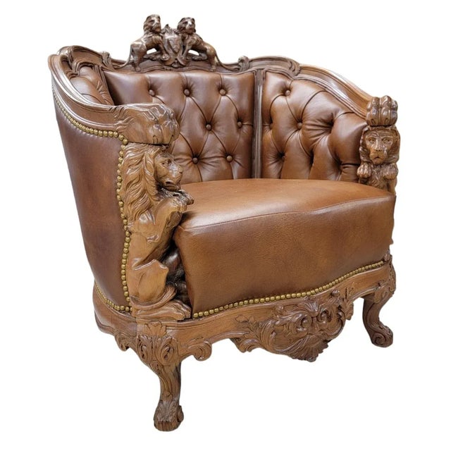 Antique Italian Rococo Style Figural Tufted Sofa and Chair Parlor Set Newly Reupholstered in Leather For Sale - Image 11 of 13