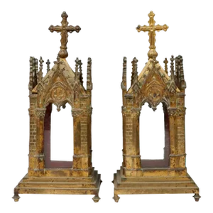 19th Century Signed French Gothic Revival Cathedral Church Reliquary - a Pair