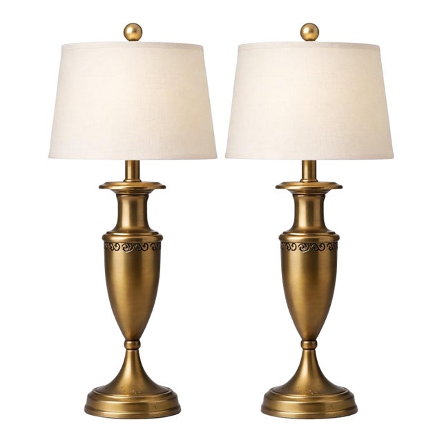 Title: Pair of Antiqued Brass-Tone Urn Table Lamps With Linen Shades – 27" Transitional Neoclassical Lighting For Sale