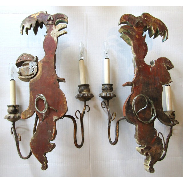 Opposing Pair of Polychrome Hand Carved Wood and Iron Monkey Wall Sconces C 1920 For Sale - Image 16 of 16
