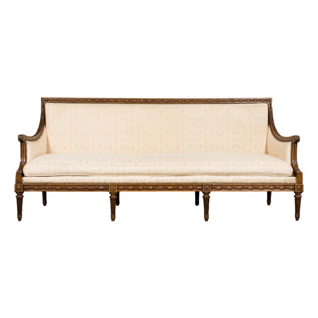 Late 19th Century French Louis XVI Style Oak Canapé in Cream Jacquard For Sale