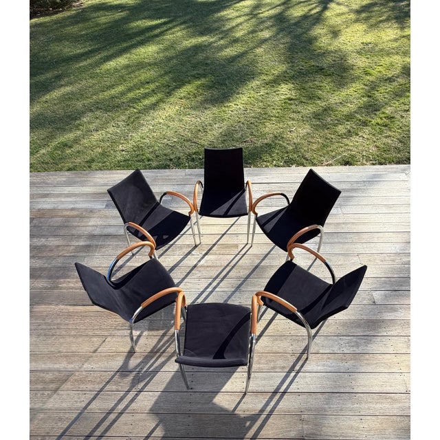 Mid-Century Modern Set of 6 Dining Chairs in Black, Chrome and Wood For Sale - Image 3 of 18