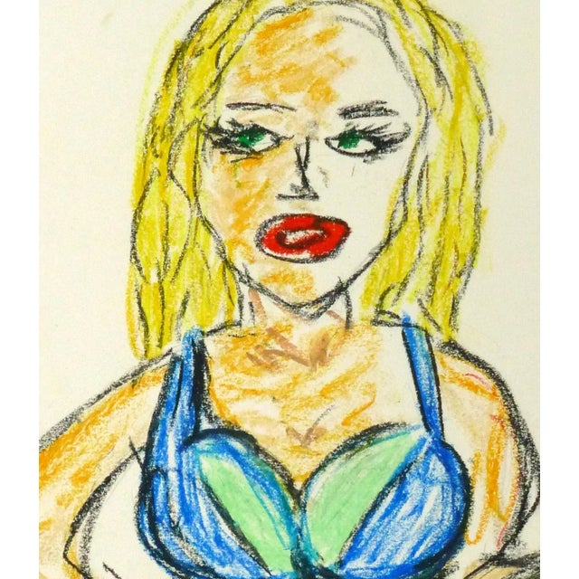 Lighthearted French oil pastel drawing of a young woman in bright clothing playing the guitar by artist Kseiran, 2009....