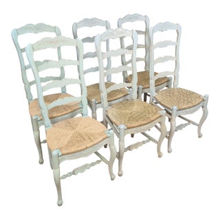 Late 20th Century Habersham Plantation French Country Painted Ladder Back Rush Seat Dining Side Chairs, Assembled Set of 6 For Sale