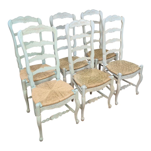 Late 20th Century Habersham Plantation French Country Painted Ladder Back Rush Seat Dining Side Chairs, Assembled Set of 6 For Sale