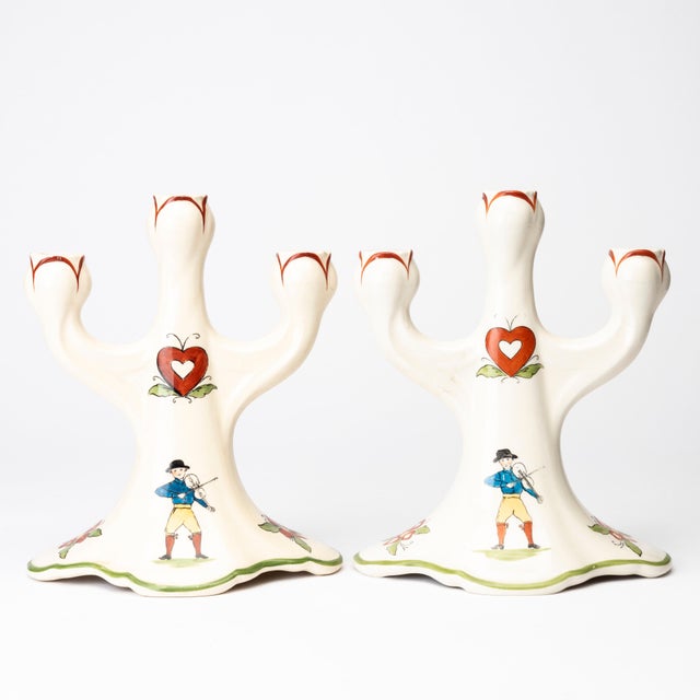 Rörstrand Daldansen Folk Art Candelabra Pair, Swedish Mid-Century For Sale - Image 10 of 12
