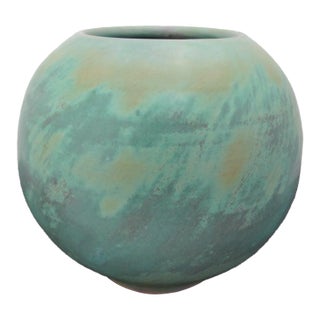 Turquoise Mottled Earth Tone Spherical Studio Pottery Vase Jar For Sale