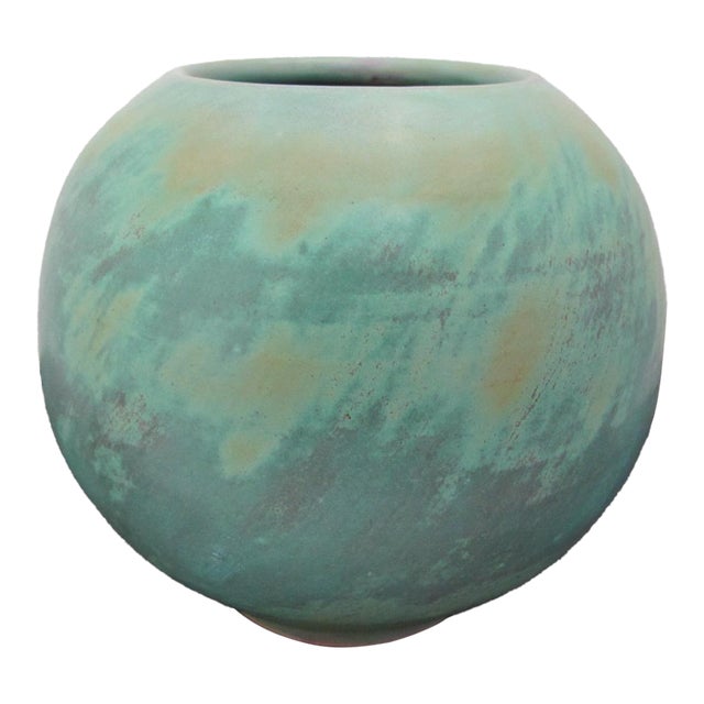 Turquoise Mottled Earth Tone Spherical Studio Pottery Vase Jar For Sale