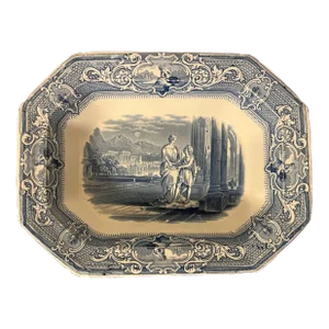 Antique 19th C Staffordshire Blue & White Transferware Serving Bowl by Joseph Clementson for Retailer Davenport Bros. Greenwich Street, New York City