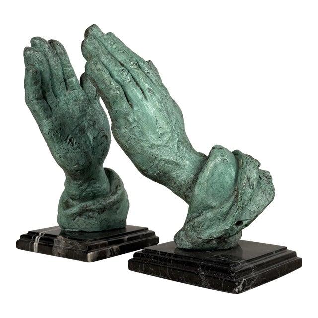 Pair of Hands Sculptures on Marble Bases – Hand Cast Bronze, 10” H For Sale