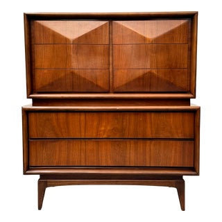 1960s Mid-Century Modern Walnut Diamond Fronted Highboy Dresser by United Furniture Co. For Sale