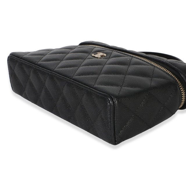 Animal Skin Black Quilted Caviar Top Handle Slim Vanity Handbag With Chain For Sale - Image 7 of 9