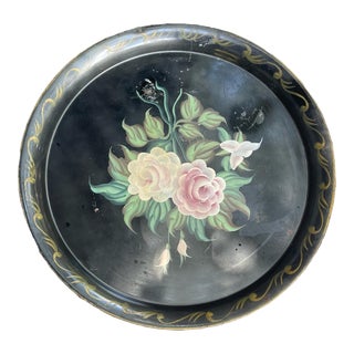 1970s Oversized Hand Painted Round Metal Tray For Sale