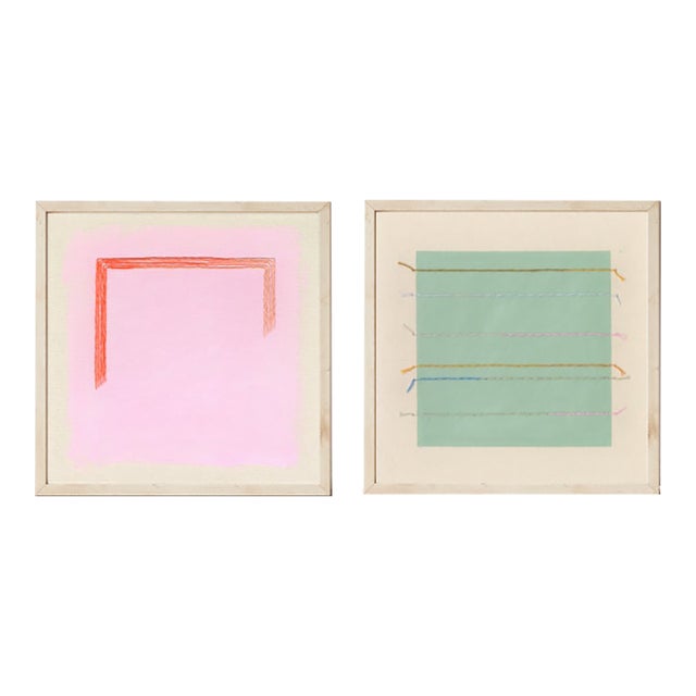 Pair of Sage Green and Bright Magenta Pink Abstract Art Prints | Set of 2, 36 X 36 Prints in Wood Frames For Sale