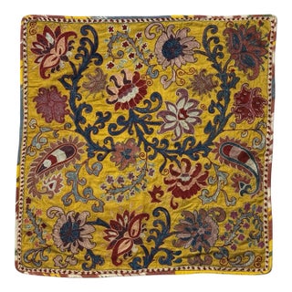 27” Uzbekistan Suzani Floral & Paisley Embroidered Silk Textile With Cotton Ikat Reverse For Sale