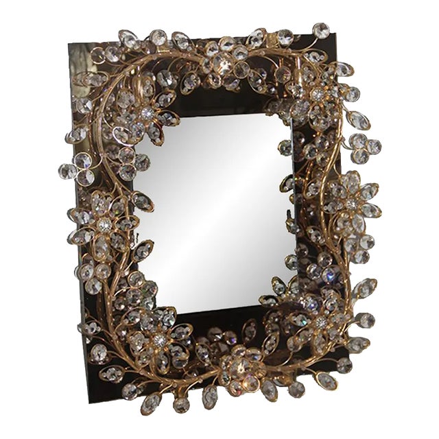 Mirror with Gilded Brass Structure and Embedded Crystals, 1970s For Sale