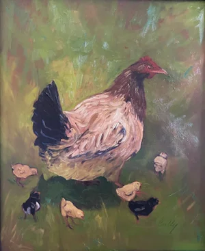 "The Brood" Contemporary Impressionist Style Oil Painting of a Hen and Chicks by Cully Kistler
