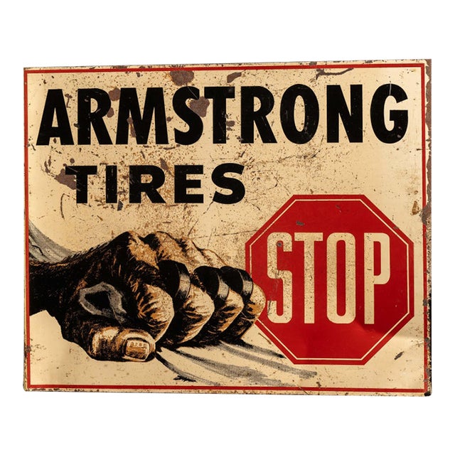 Vintage Armstrong Tires Double-Sided Tin Flange Service Station Sign For Sale