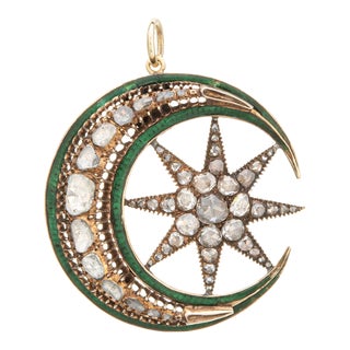 Late 19th Century Antique Victorian Crescent Moon Enamel 14k Star Celestial 2.50ct Diamond Pendant For Sale