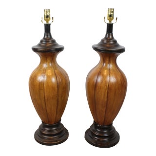 Vintage Mid Century Plantation Tobacco Leaf Rattan Lamps - a Pair For Sale