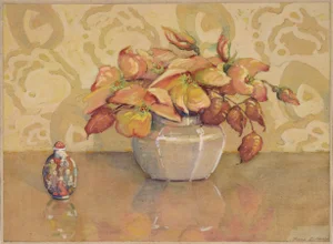 Early 20th Century "Red and Yellow Flower Arrangement" Still Life Watercolor Painting by Free Dean