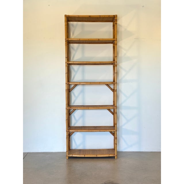 Wicker and bamboo bookcase from the 1970s