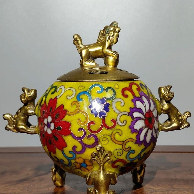 Late 20th Century Late 20th Century Gilt Bronze Cloisonné Enamel Tripod Incense Burner With Guardian Lion Finial For Sale - Image 5 of 9