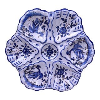 French Blue & White Faience Oyster Plate Moustiers Style, Circa 1940 For Sale