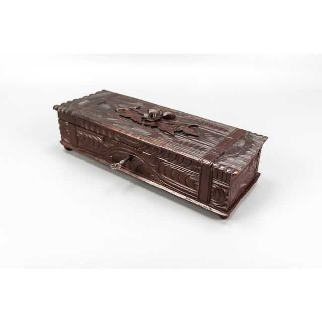 Antique Swiss Black Forest Dark Brown Carved Wood Glove Box, Ca. 1900s For Sale - Image 11 of 18