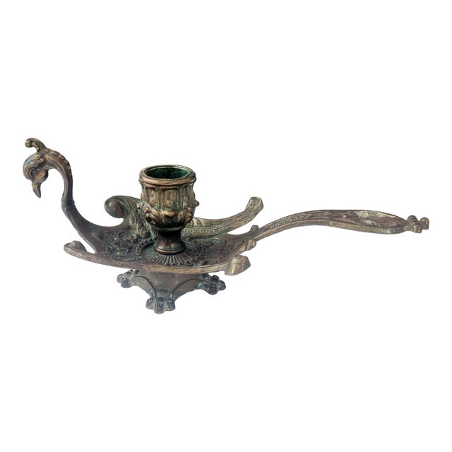 Antique Brass Rococo Revival Chamberstick Candle Holder With Verdigris Patina For Sale