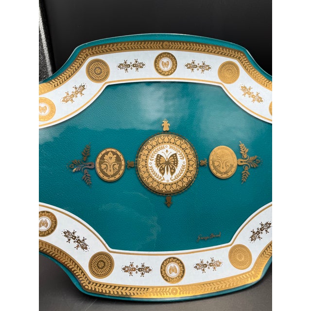 Wood Vintage MCM Georges Briard Teal & Gold Butterfly Curved Glass Tray W/ Wood Handles For Sale - Image 7 of 10
