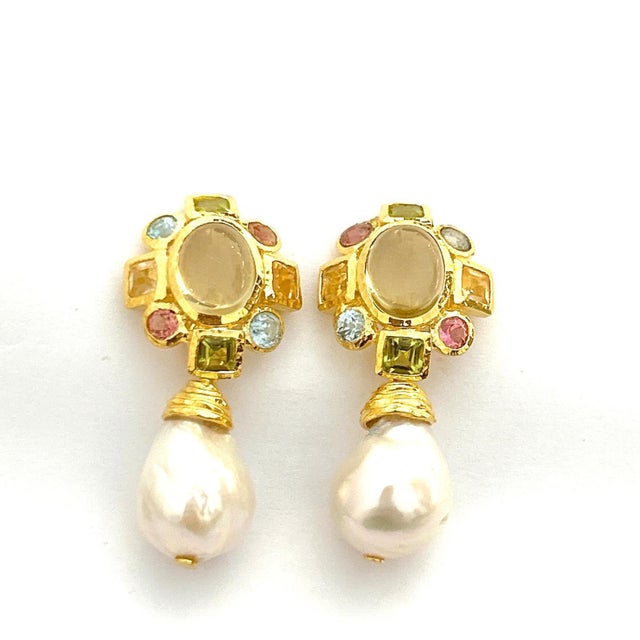 White Bochic "Orient" Vintage Lemon Quartz, Rodorite & Pearl Earrings Set 18K Gold & S For Sale - Image 8 of 9