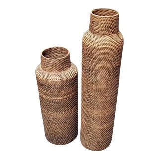 1970s Restored Reed Rattan Wicker Decorative Vases Gabriella Crespi Styled - Set of 2 For Sale